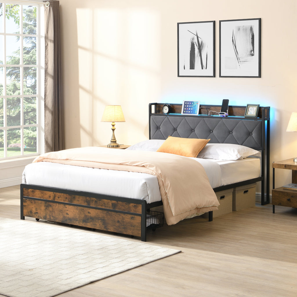 Queen Bed Frame with Storage and LED Lights