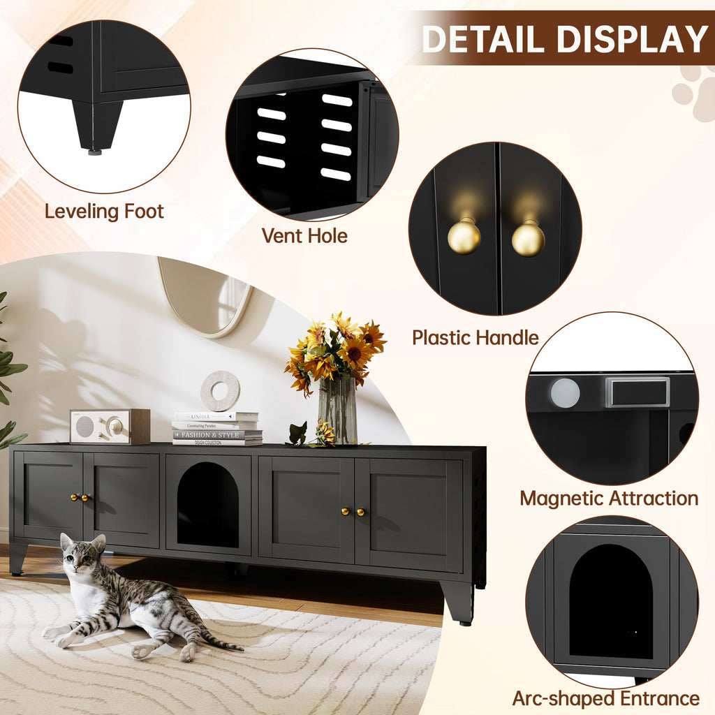 58" Metal Cat Litter Box Enclosure, Hidden Litter Box Furniture for 2 Cats