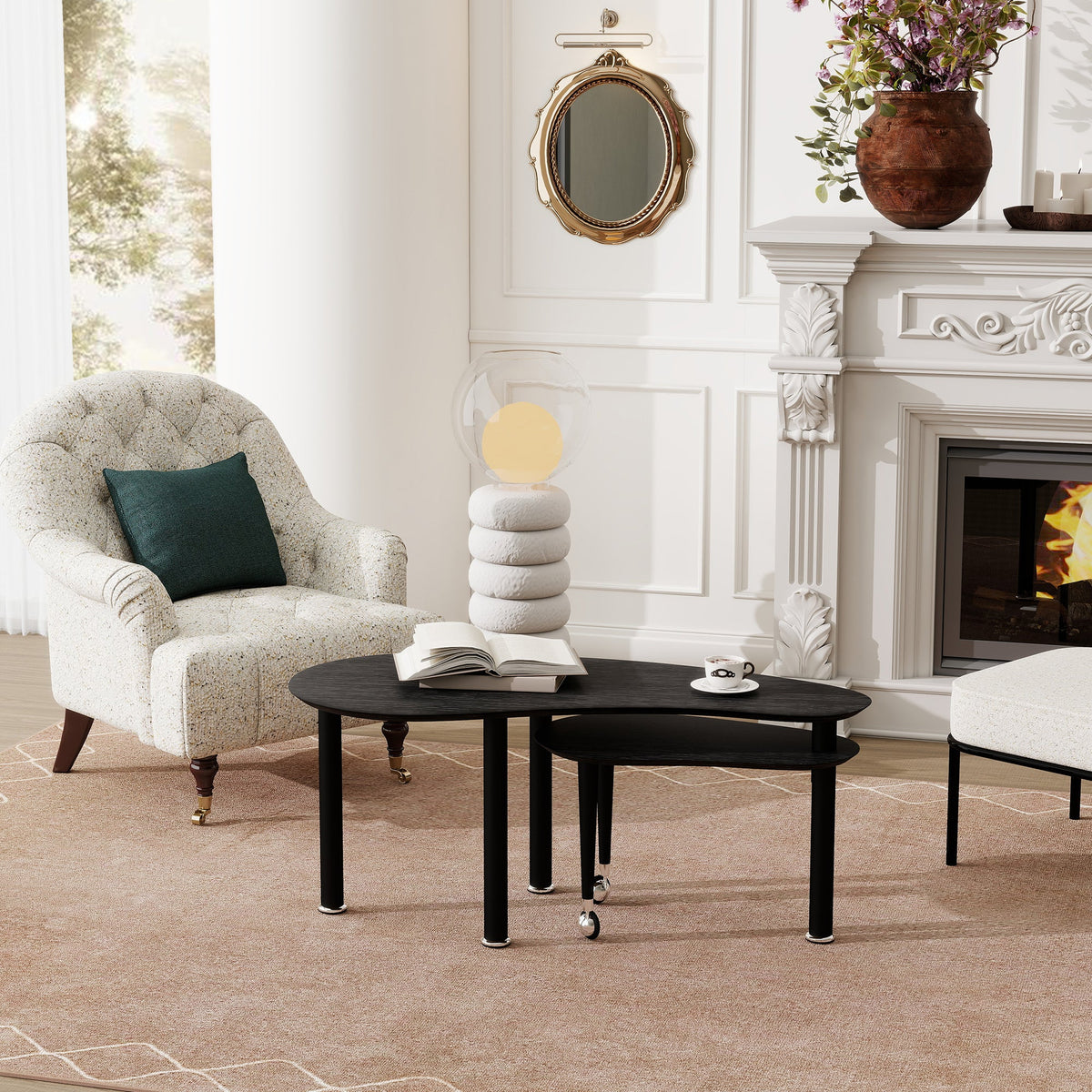 Contemporary Rotatable Cocktail Table with Solid Rubber Wood Legs