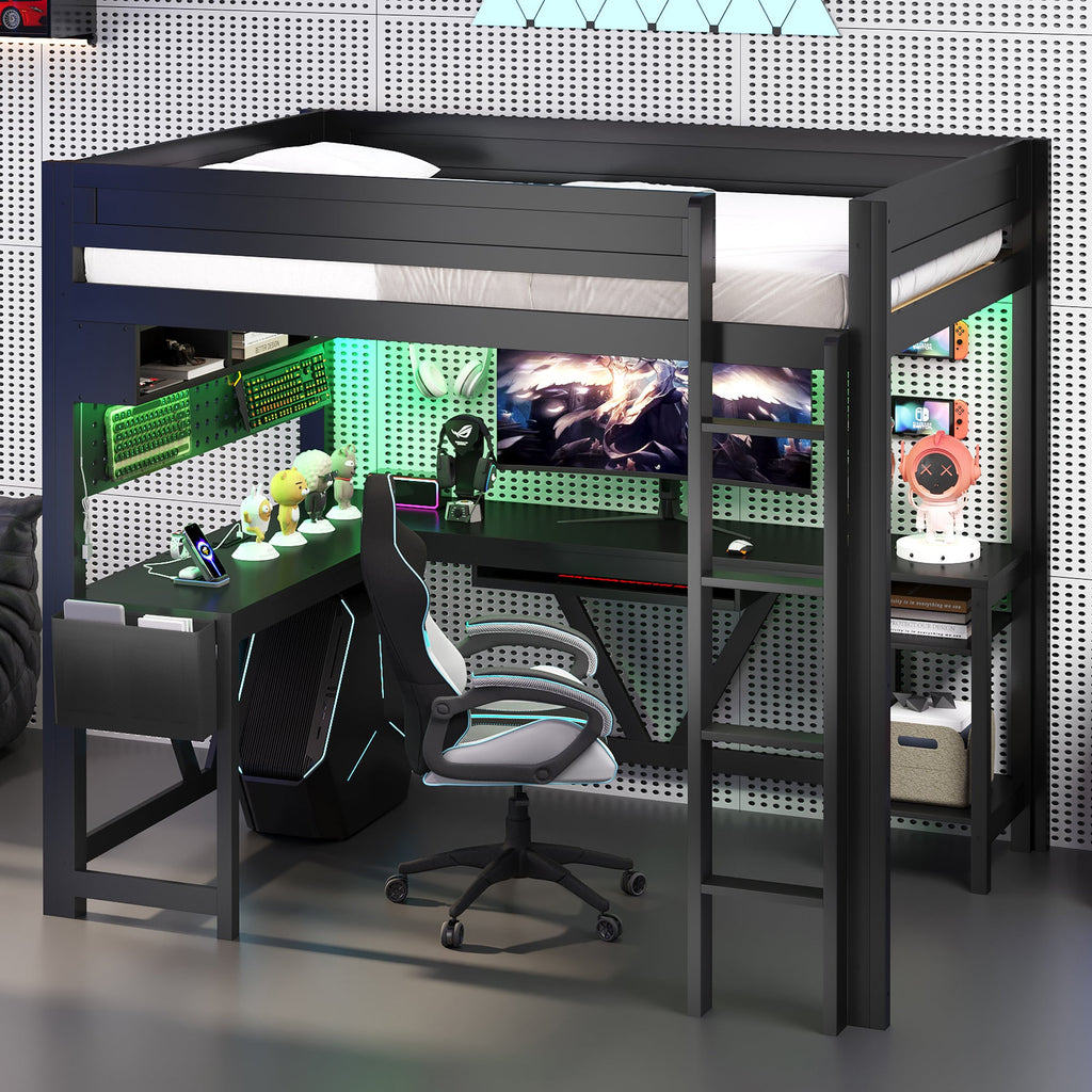 Wood Full Size Gaming Loft Bed with Desk, Storage Shelves, LED and Charging Station