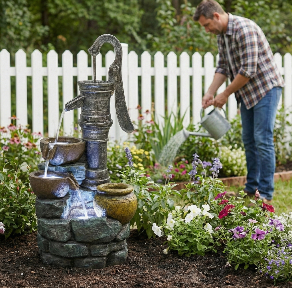 32" H Large Outdoor Water Fountain with Vintage Pump