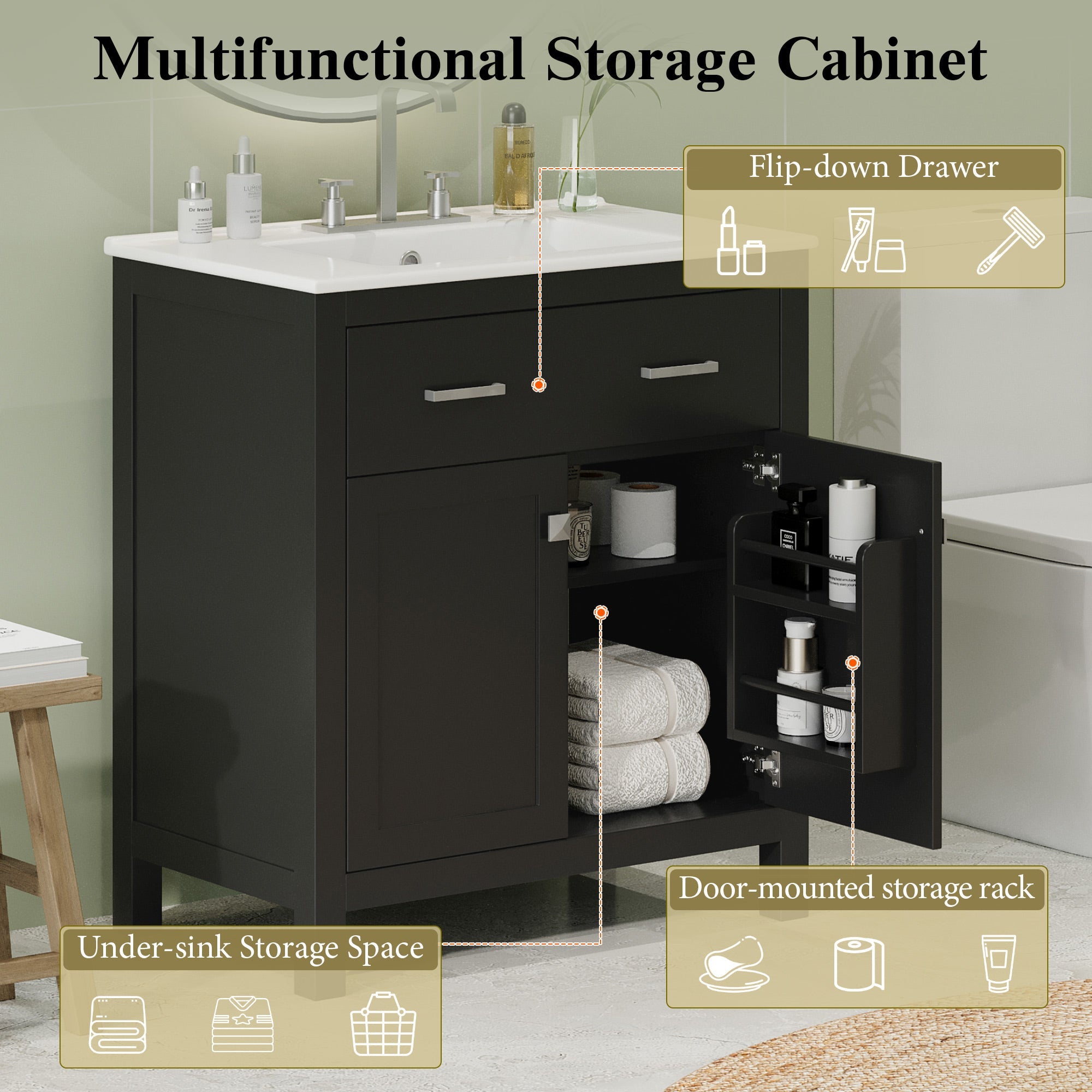 30" Bathroom Vanity with Ceramic Sink - Modern