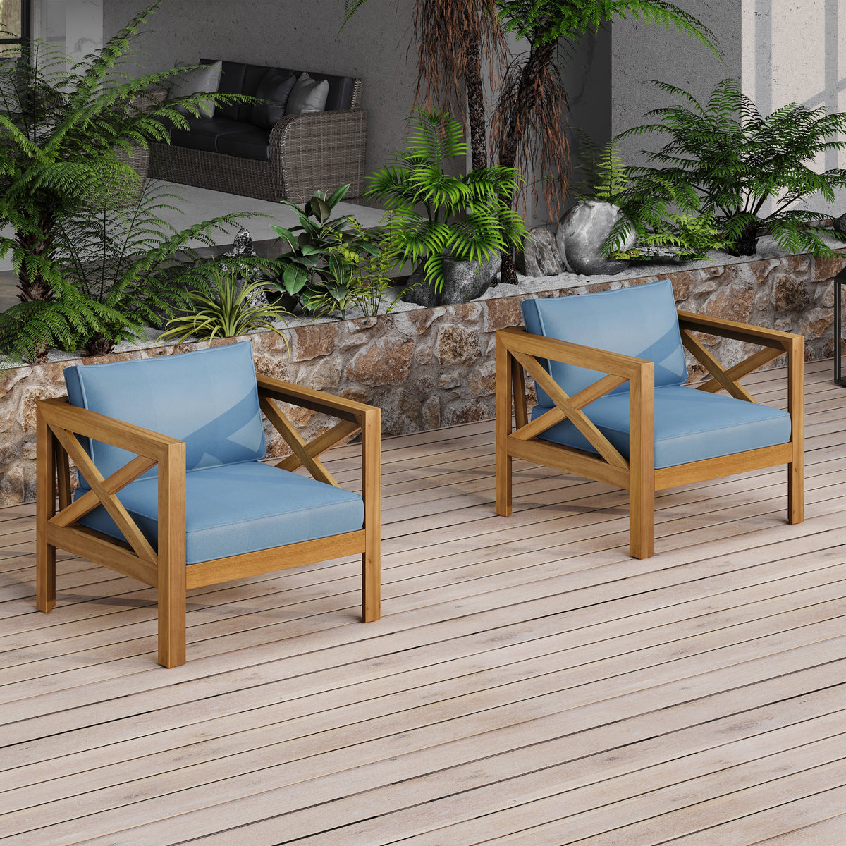 Outdoor Acacia Wood Club Wooden Armchair with Cushions (Set of 4)