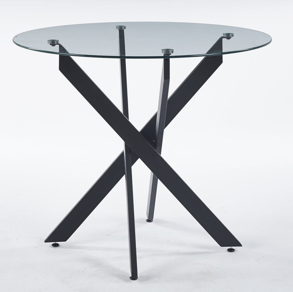 Black Dining Table with Cross Metal Leg and Tempered Glass