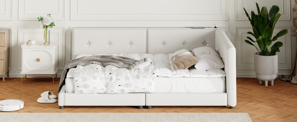 Upholstered Queen Size Platform Bed with USB Ports