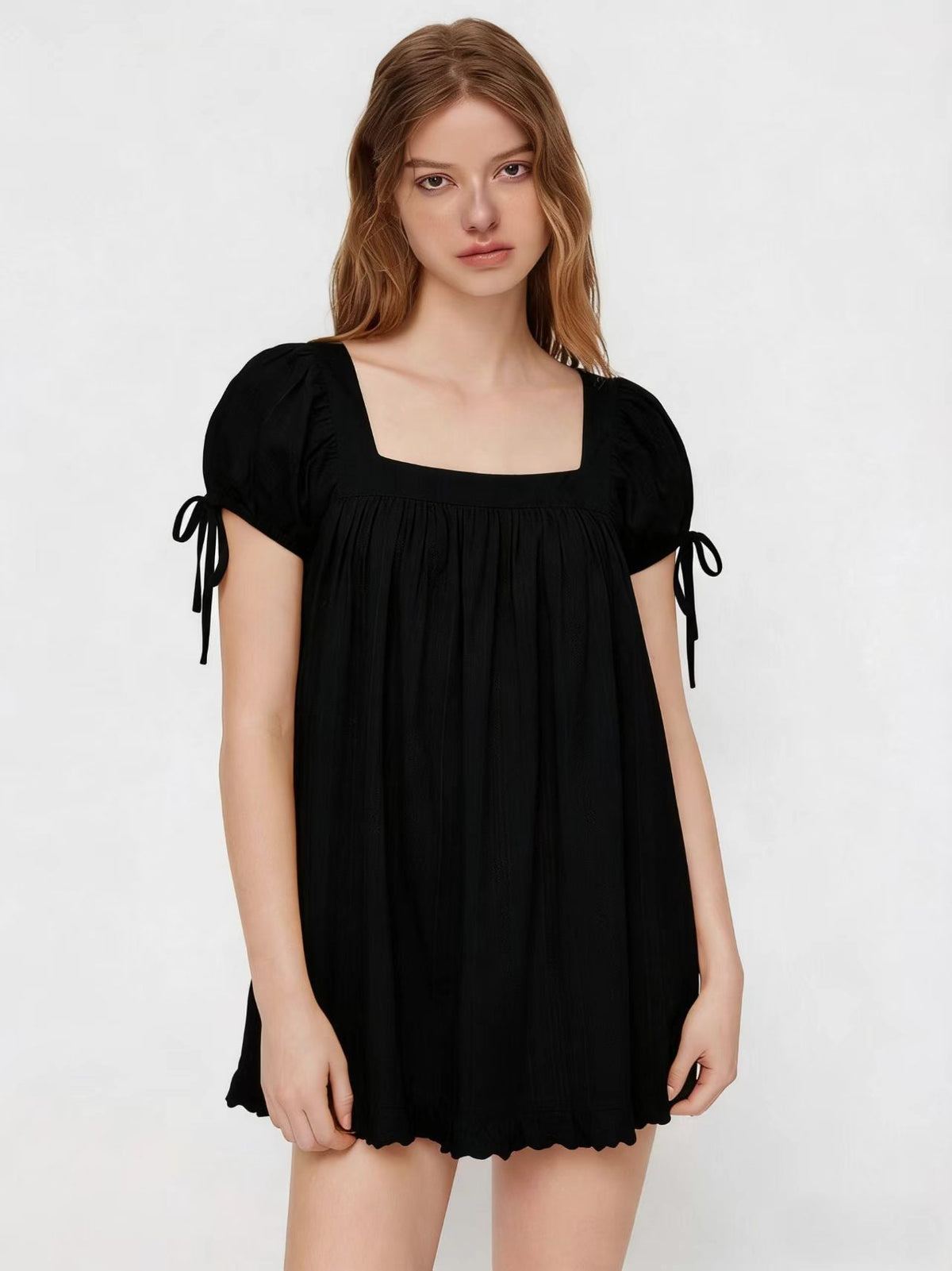Hot-Selling Cross-Border Women's Casual Square Neck Ruffle Tie Short-Sleeve Shirt
