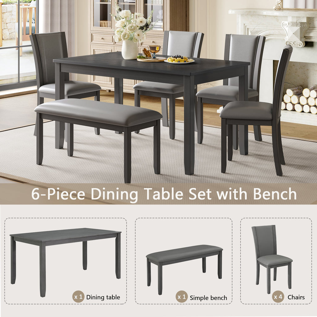 6-Piece Dining Table Set with Bench and Chairs