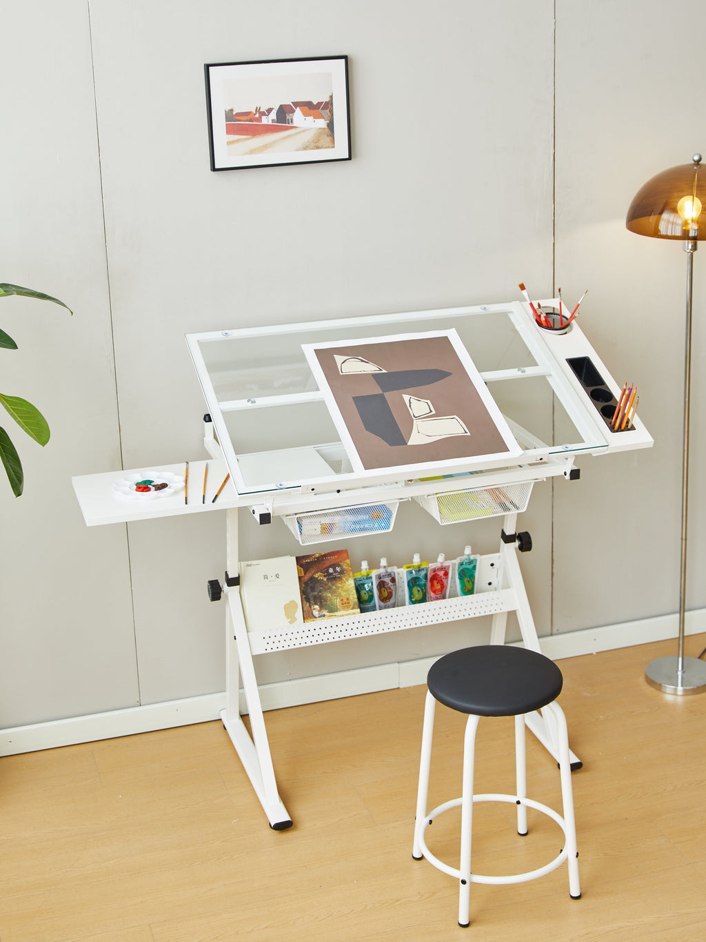 White Adjustable Tempered Glass Drafting Table with Chair