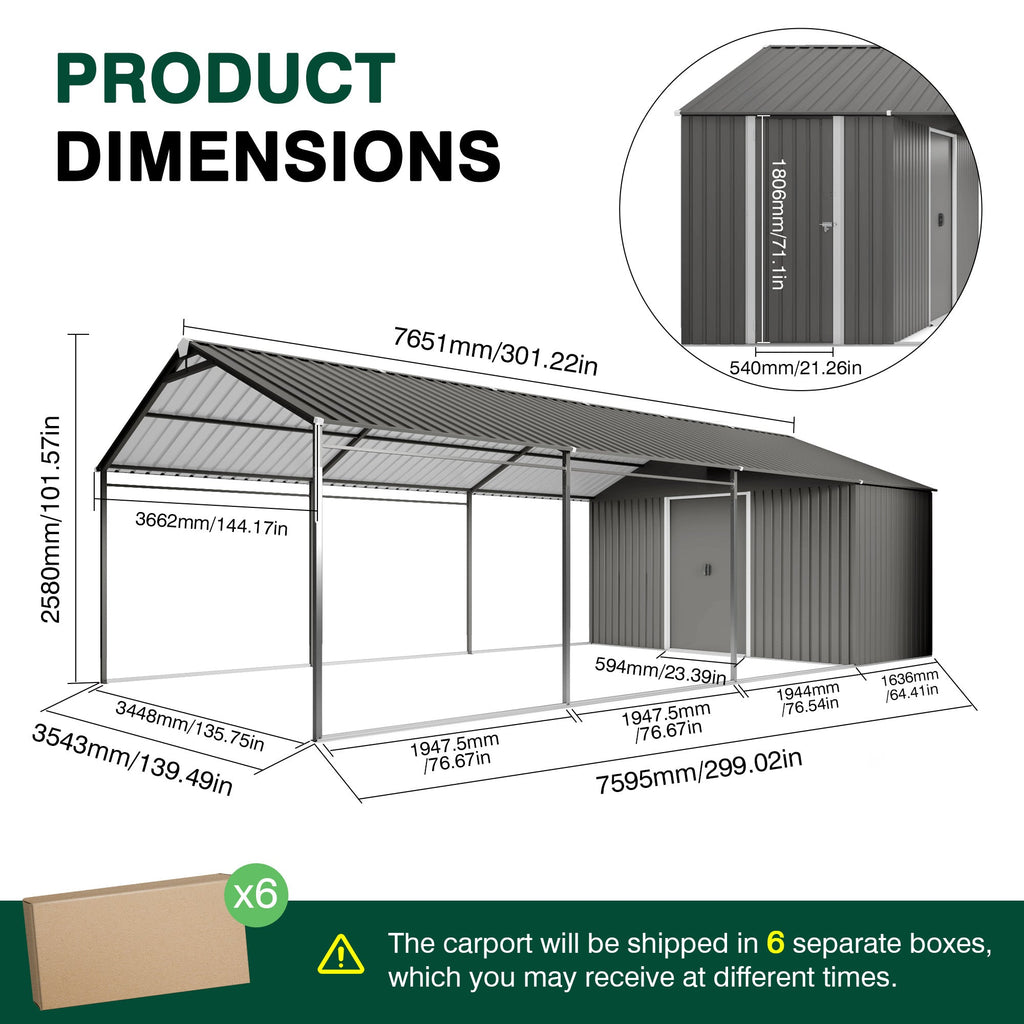 12x25 FT Galvanized Steel Carport with Car Shelter & Storage Shed