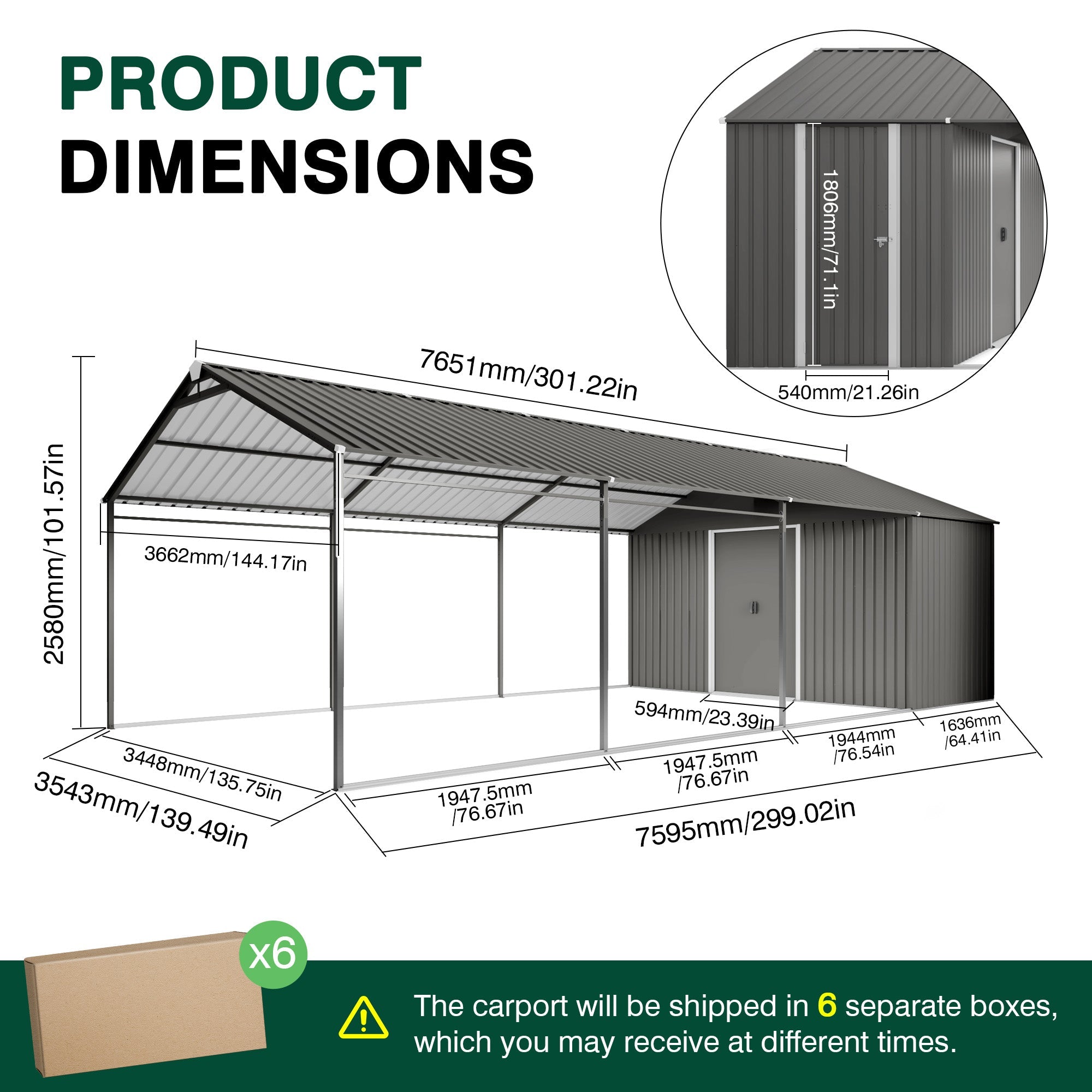 12x25 FT Galvanized Steel Carport with Car Shelter & Storage Shed