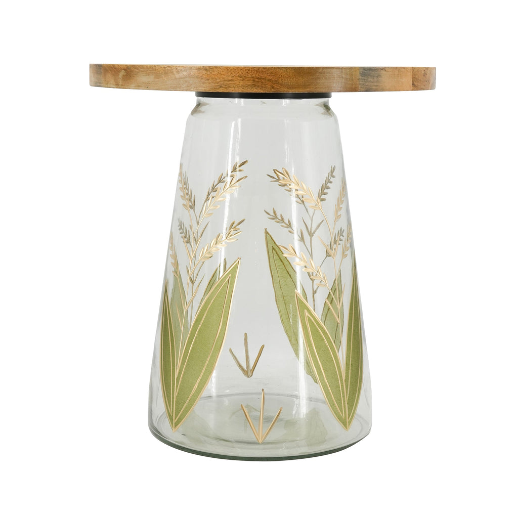 16x17.5" Glass Side Table with Wood Top and Hand-Painted Base
