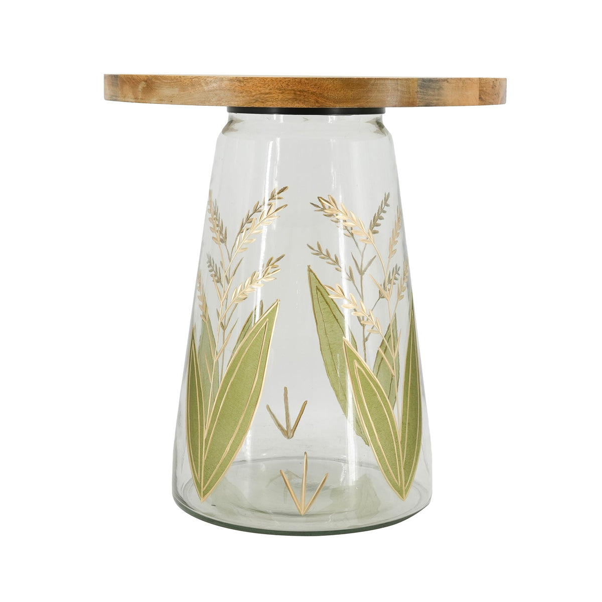 16x17.5" Glass Side Table with Wood Top and Hand-Painted Base