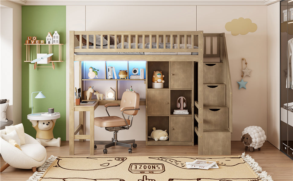 Wood Twin Size Loft Bed with Built-in Desk, LED, Storage Shelves, Cabinets and Staircase