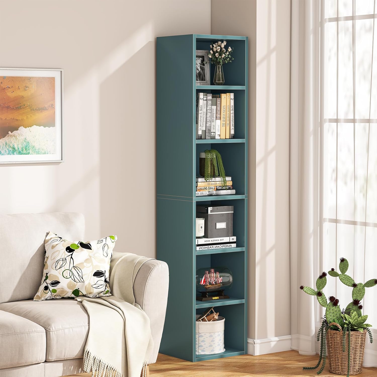 70.9" Blue 6-Tier Narrow Corner Cube Bookcase