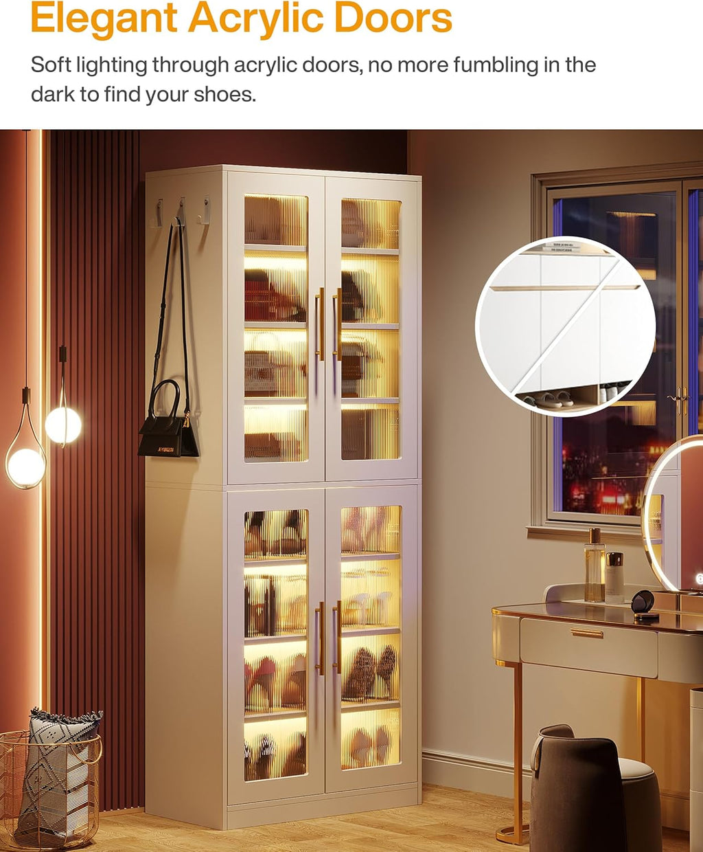 67" Tall White Bookcase with Doors and LED Light