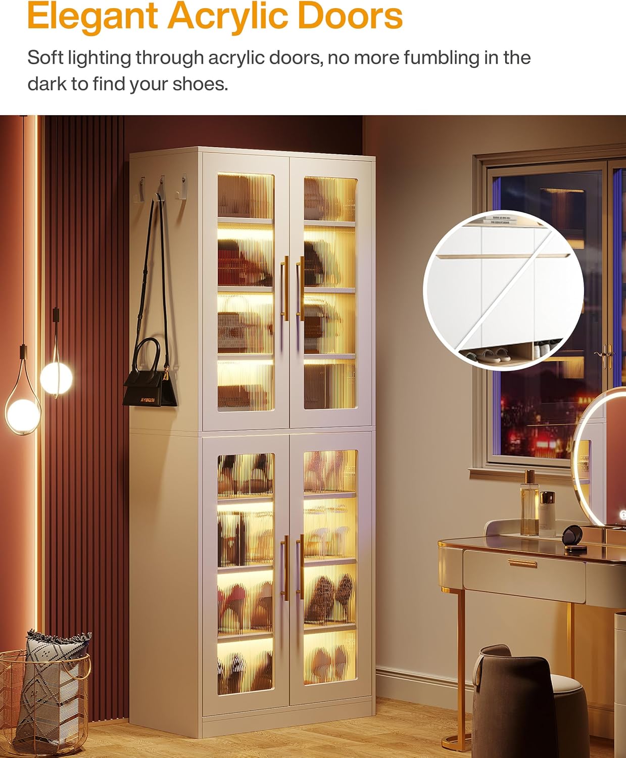 67" Tall White Bookcase with Doors and LED Light