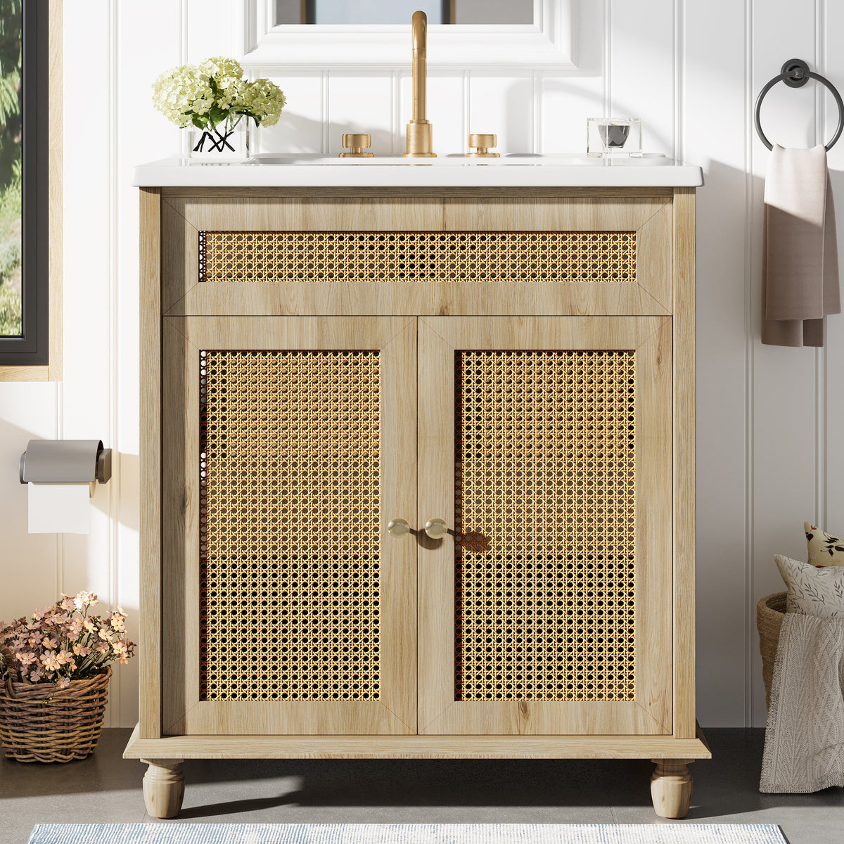 30-Inch Bathroom Vanity: Handwoven Rattan Doors, Solid Wood Legs & Resin Basin