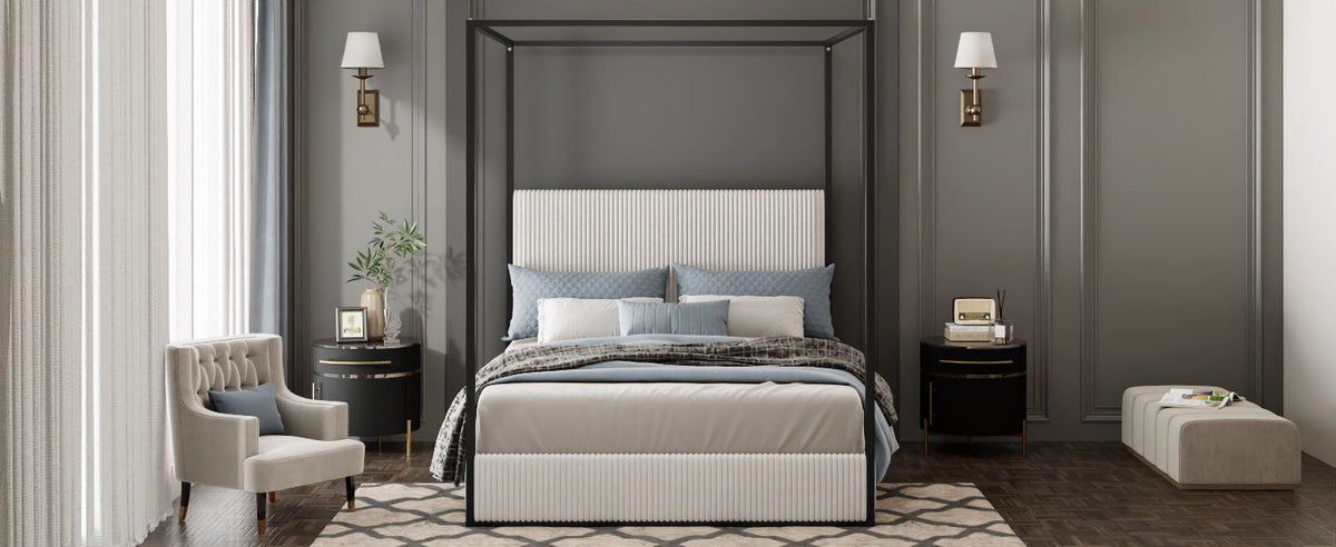 Modern Luxury Metal Canopy Bed with Tall Upholstered Headboard