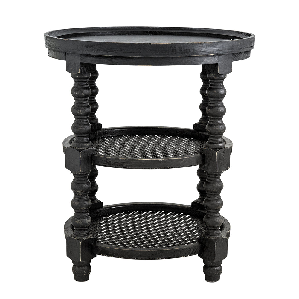 Round Three Tiered Side Table with Rattan Shelf