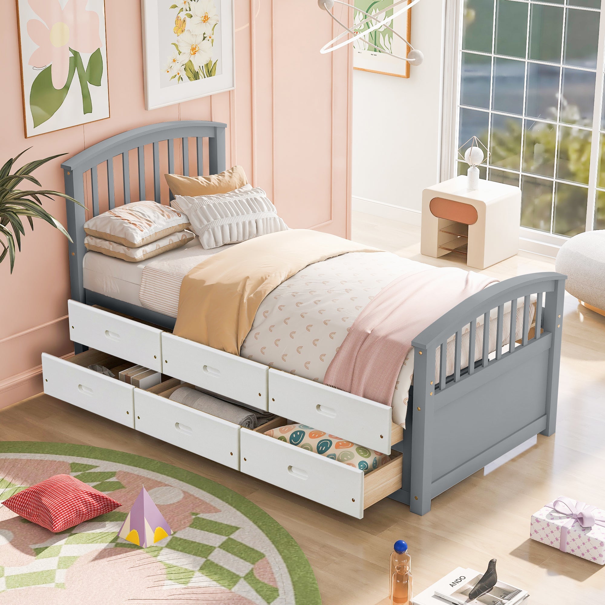 Twin Size Platform Storage Bed with 6 Drawers, Grey