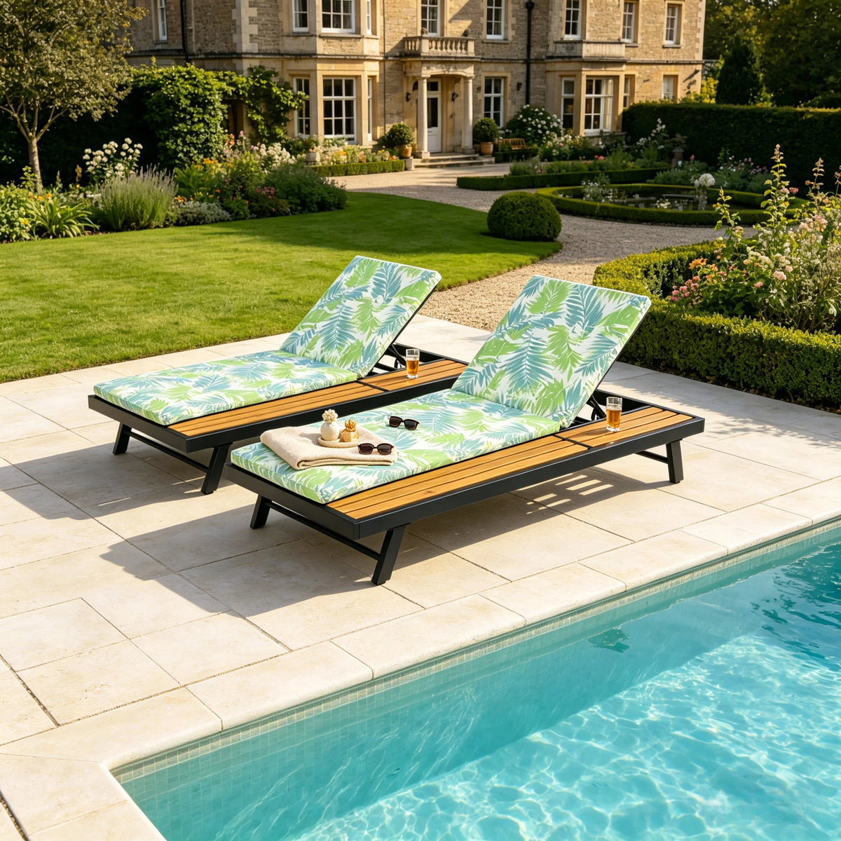 Black Iron + Teak Finish Outdoor Chaise Lounge Set