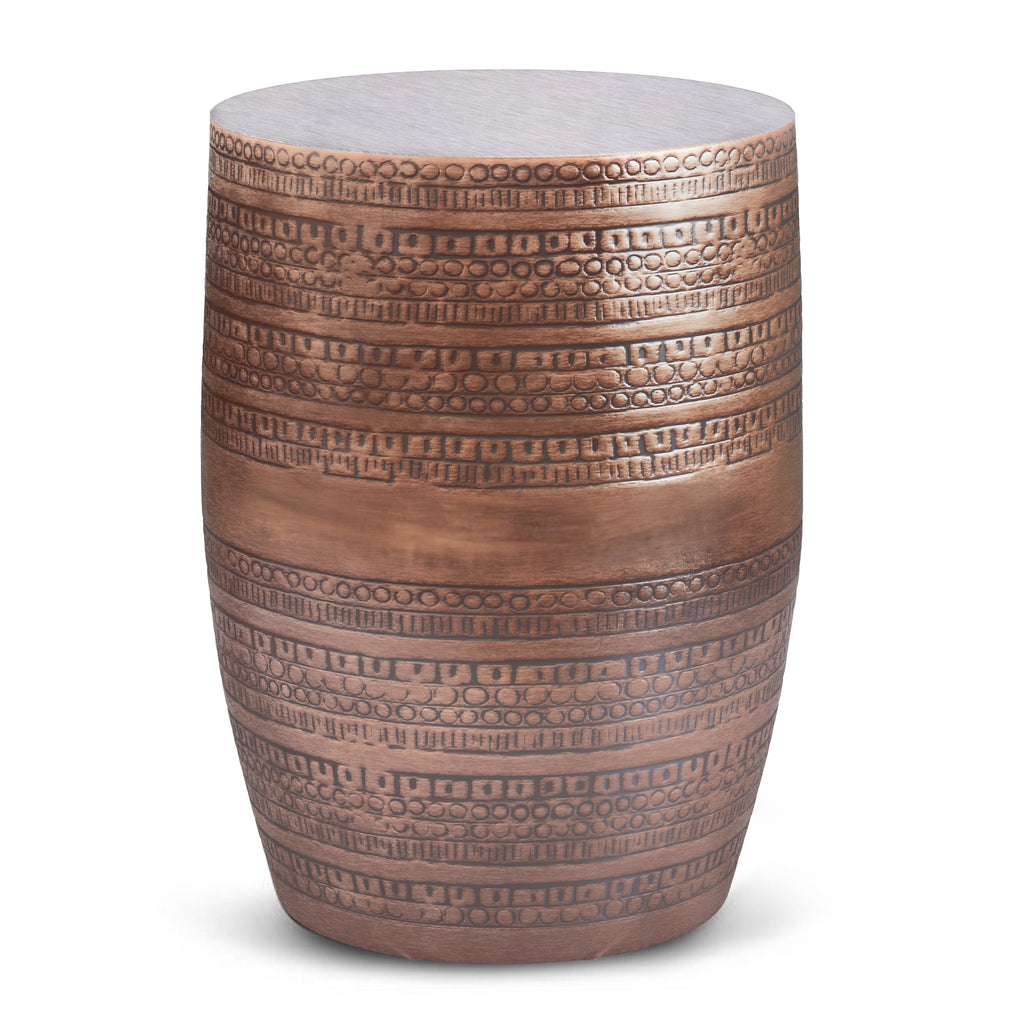 Johnsen 15 Inch Wide Tribal Pattern Metal Accent Table in Antique Cooper