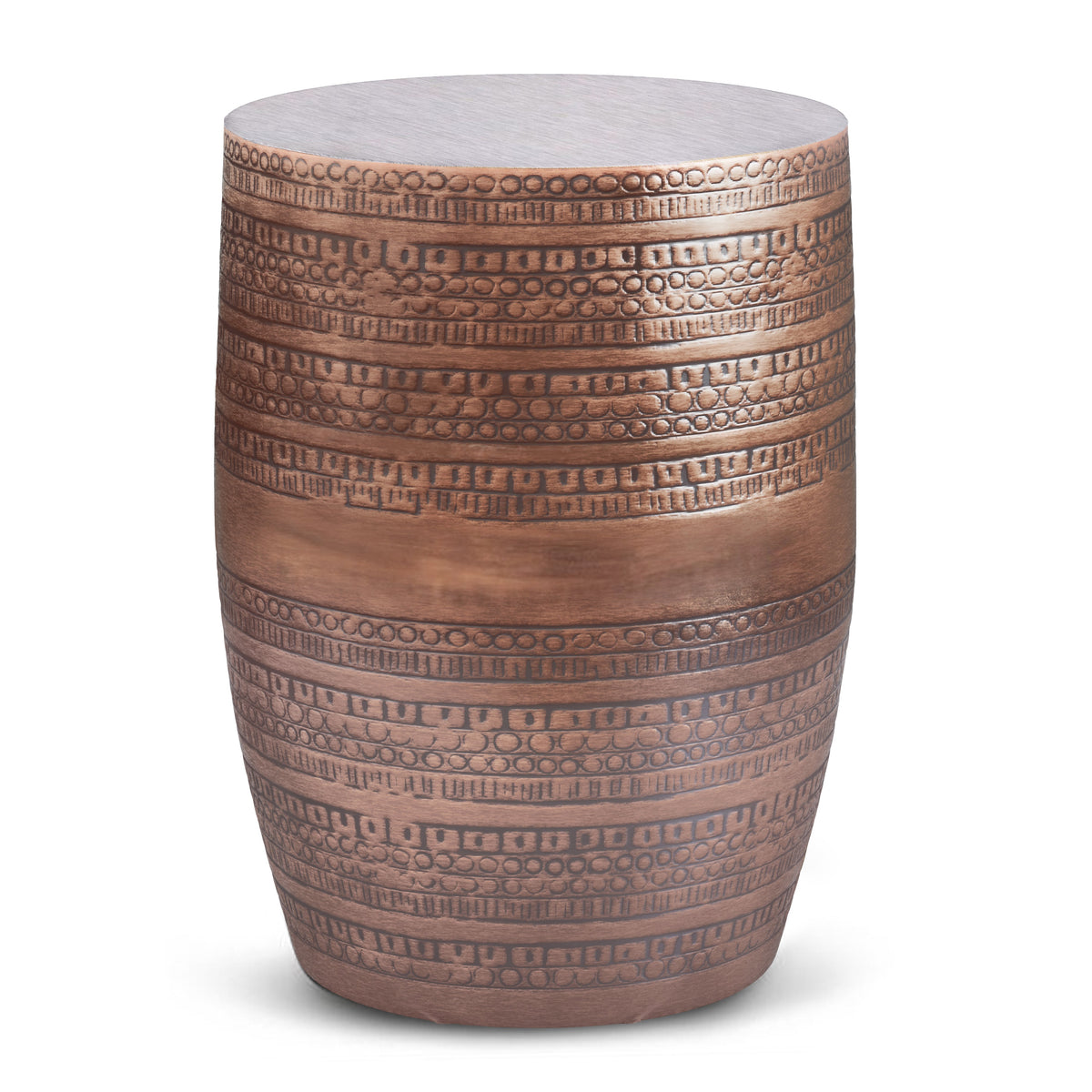 Johnsen 15 Inch Wide Tribal Pattern Metal Accent Table in Antique Cooper