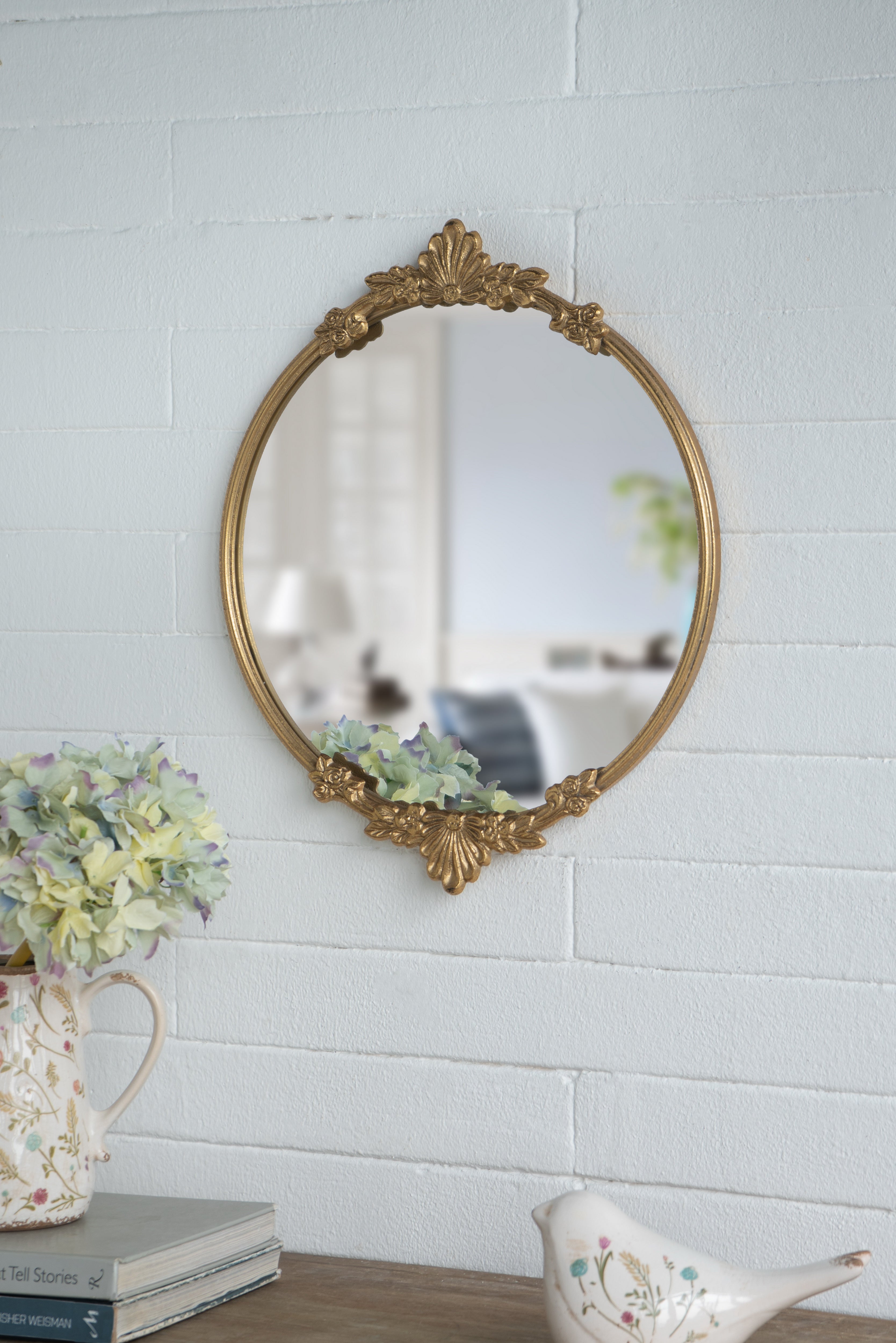 19x16 Round Mirror Tray with Gold Frame