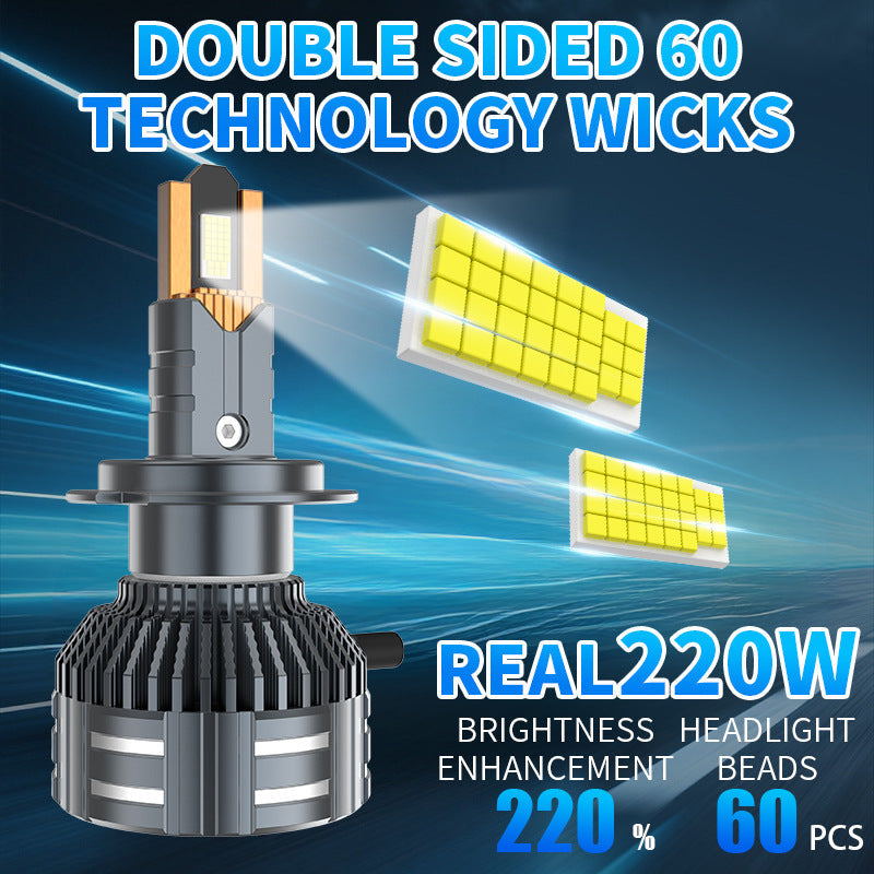 220W High Power Car LED Headlight 60 Chip WideVoltage Decoder Ready LED Bulb 34 Copper Tube Heat Dissipation H1 H7 H4 Universal Auto Headlamp