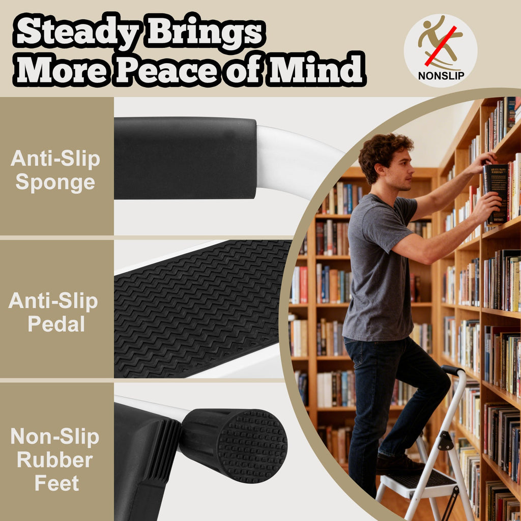 2 Step Ladder - Folding Step Stool with Anti-Slip Features