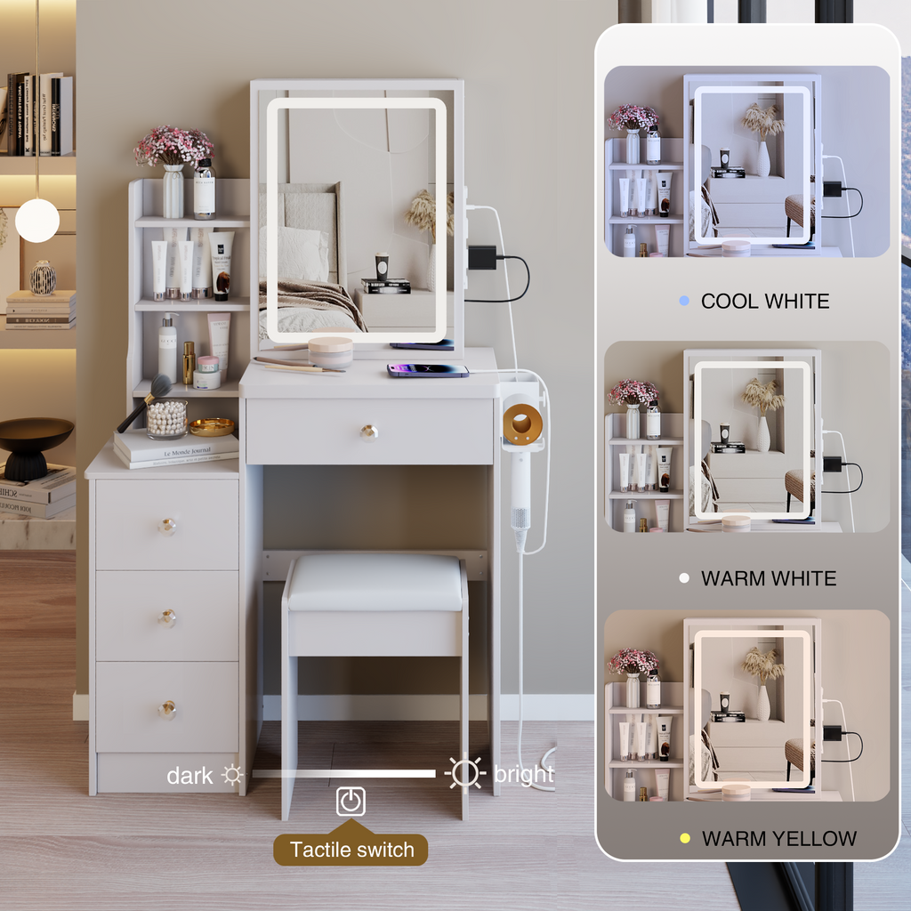 Small Size Left Bedside Cabinet Vanity Table + Cushioned Stool