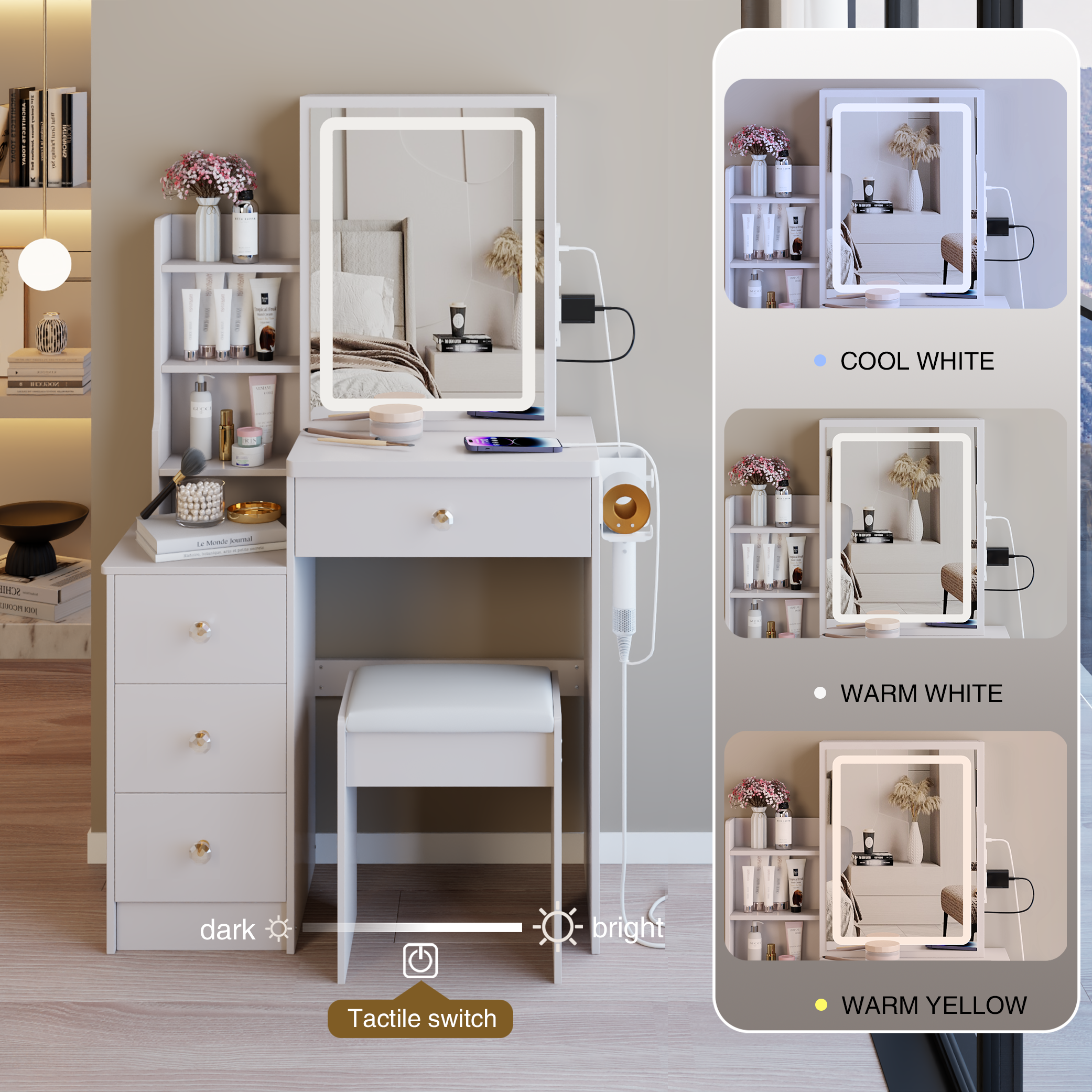 Small Size Left Bedside Cabinet Vanity Table + Cushioned Stool