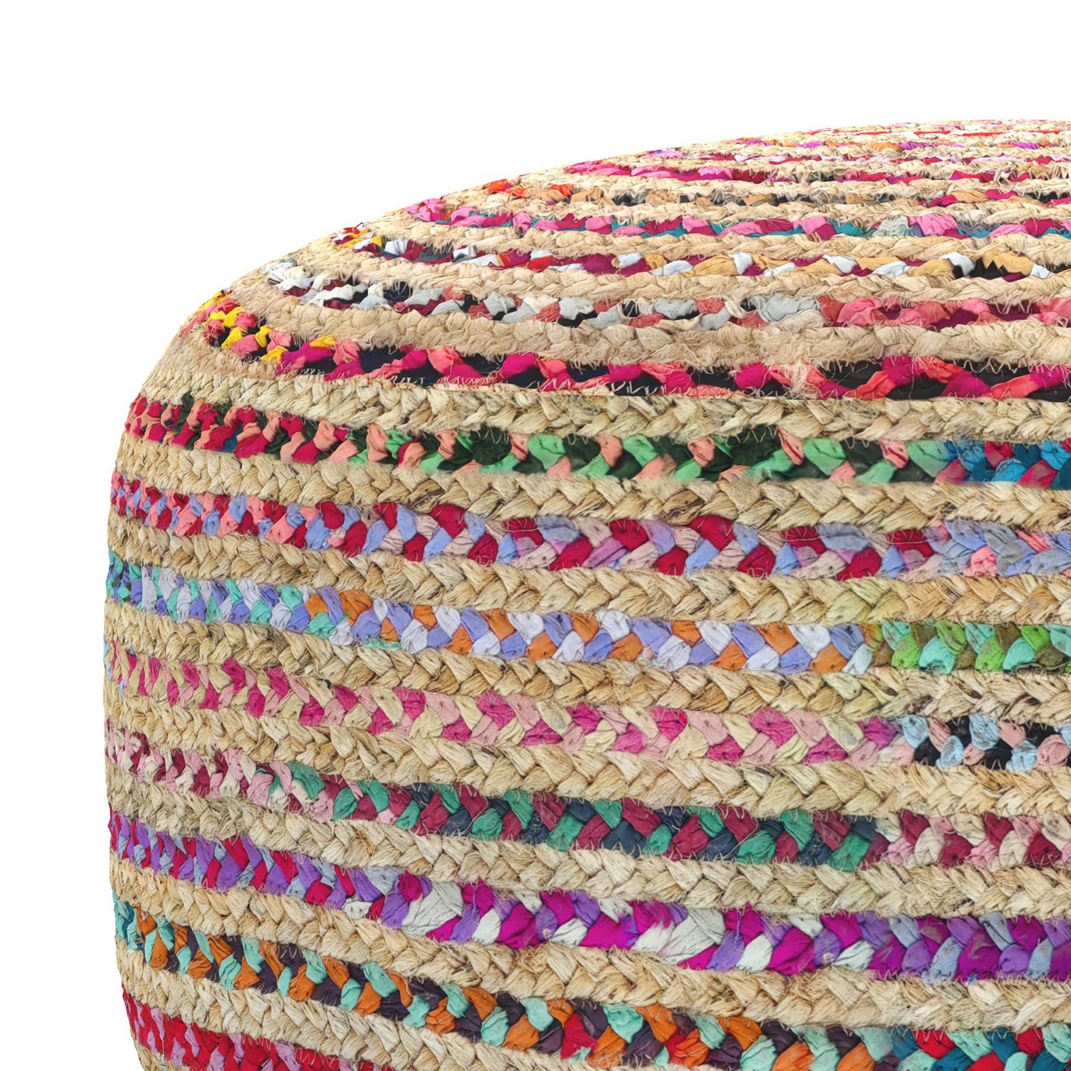 Margo 30 Inch Wide Round Pouf in Multi-Color Handwoven Jute and Cotton