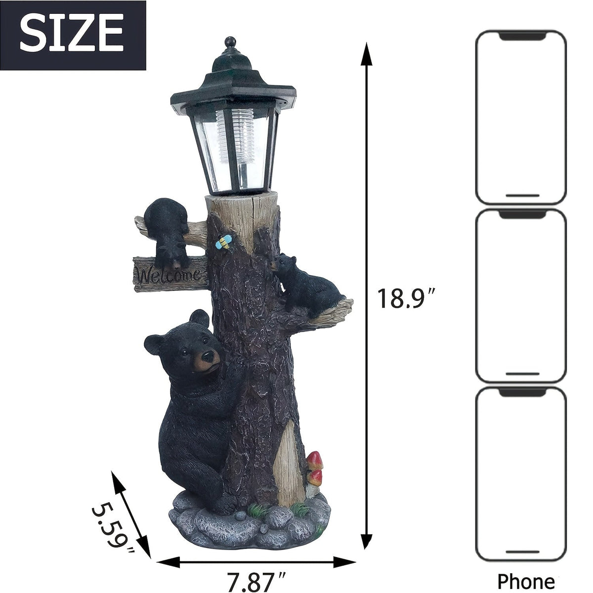 Black Bear Statue Welcome Sign with Solar Light