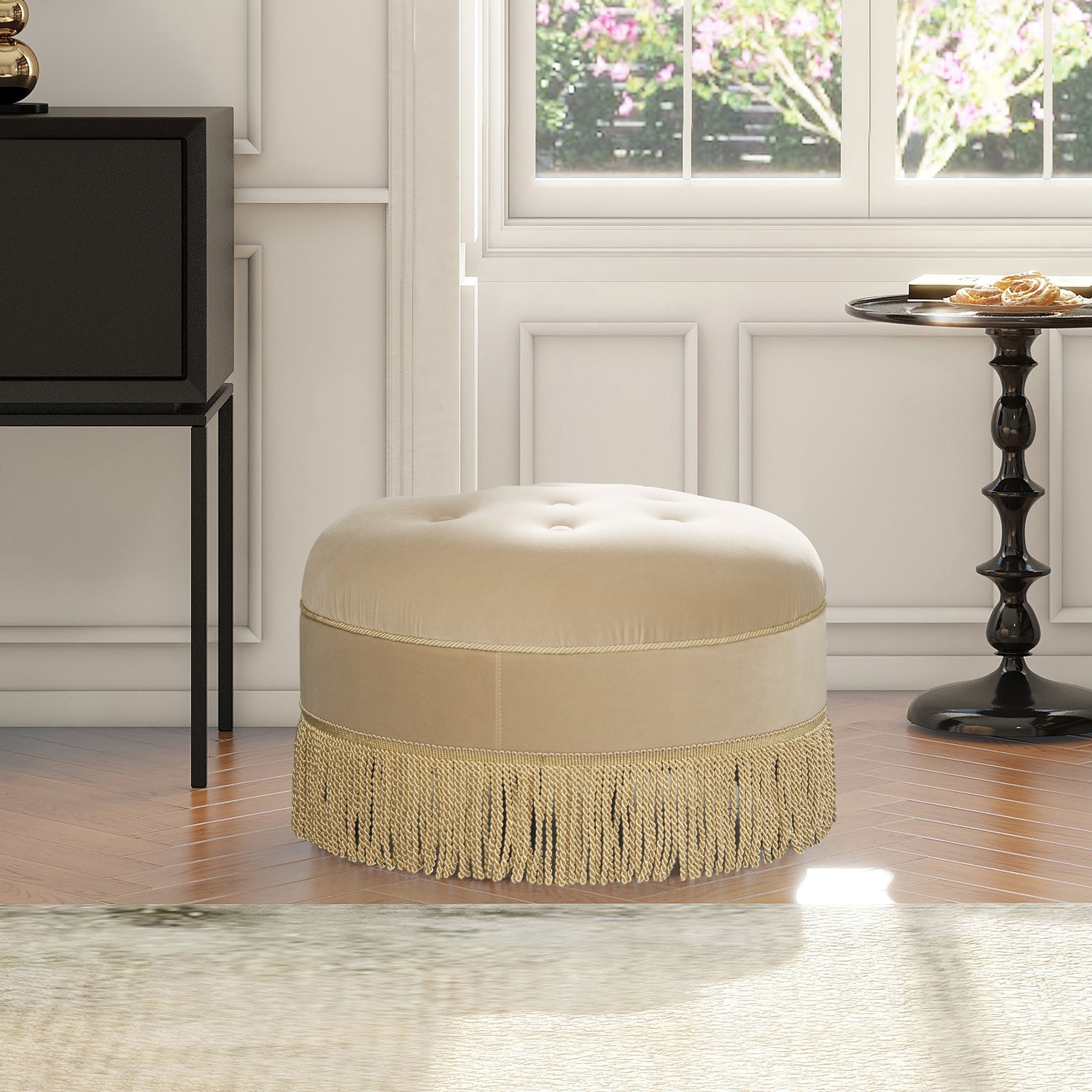 Yolanda 24" Round Upholstered Accent Ottoman, Fawn
