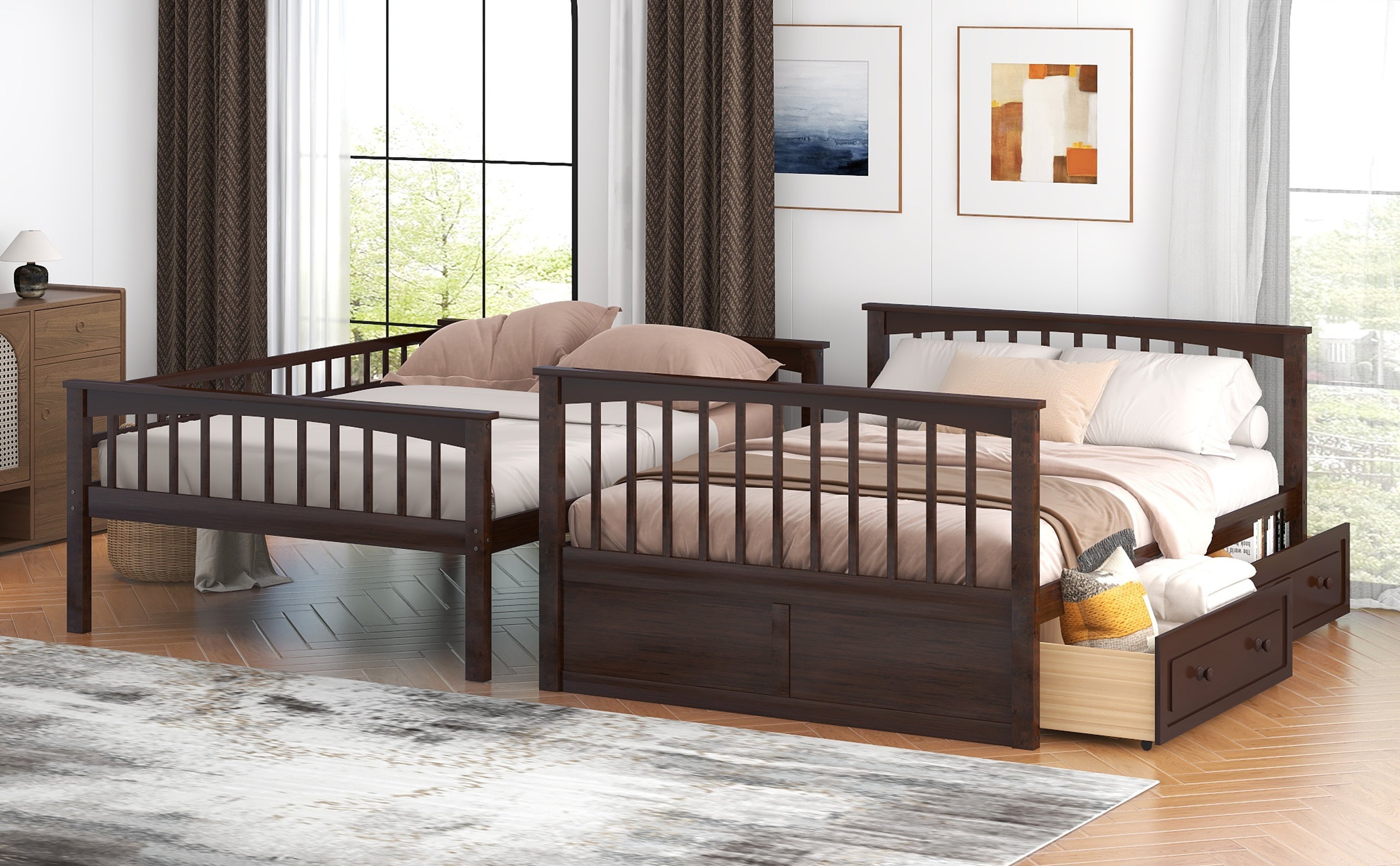 Full Over Full Bunk Bed with Drawers, Convertible Beds