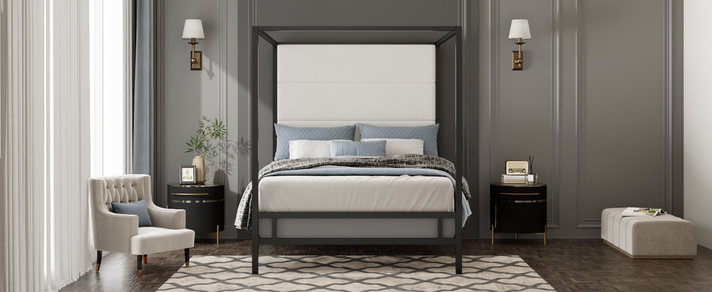 Modern Canopy Bed with Velvet Upholstered Headboard