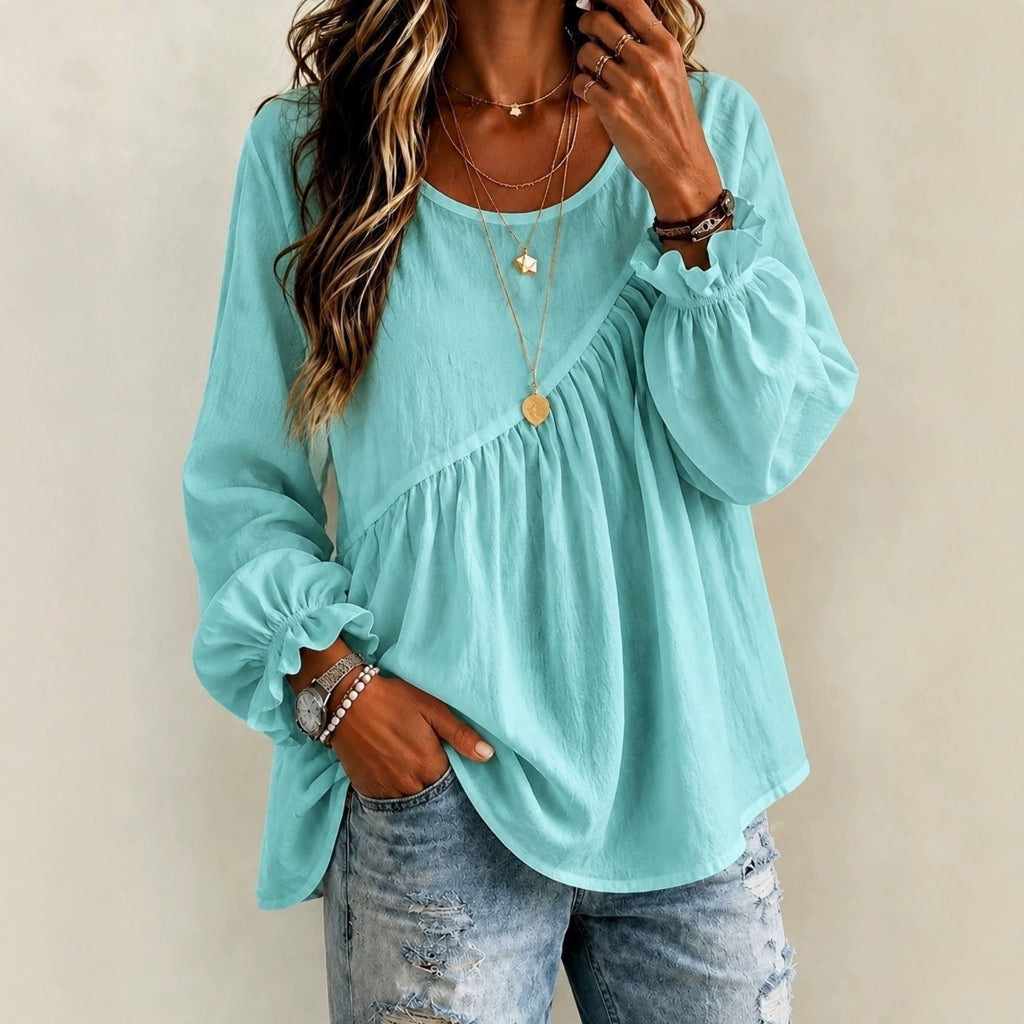 2026 New Cross-Border European And American Style Women's Solid Color Round Neck Long Sleeve Ruched Shirt Top, Casual Versatile Loose Fit