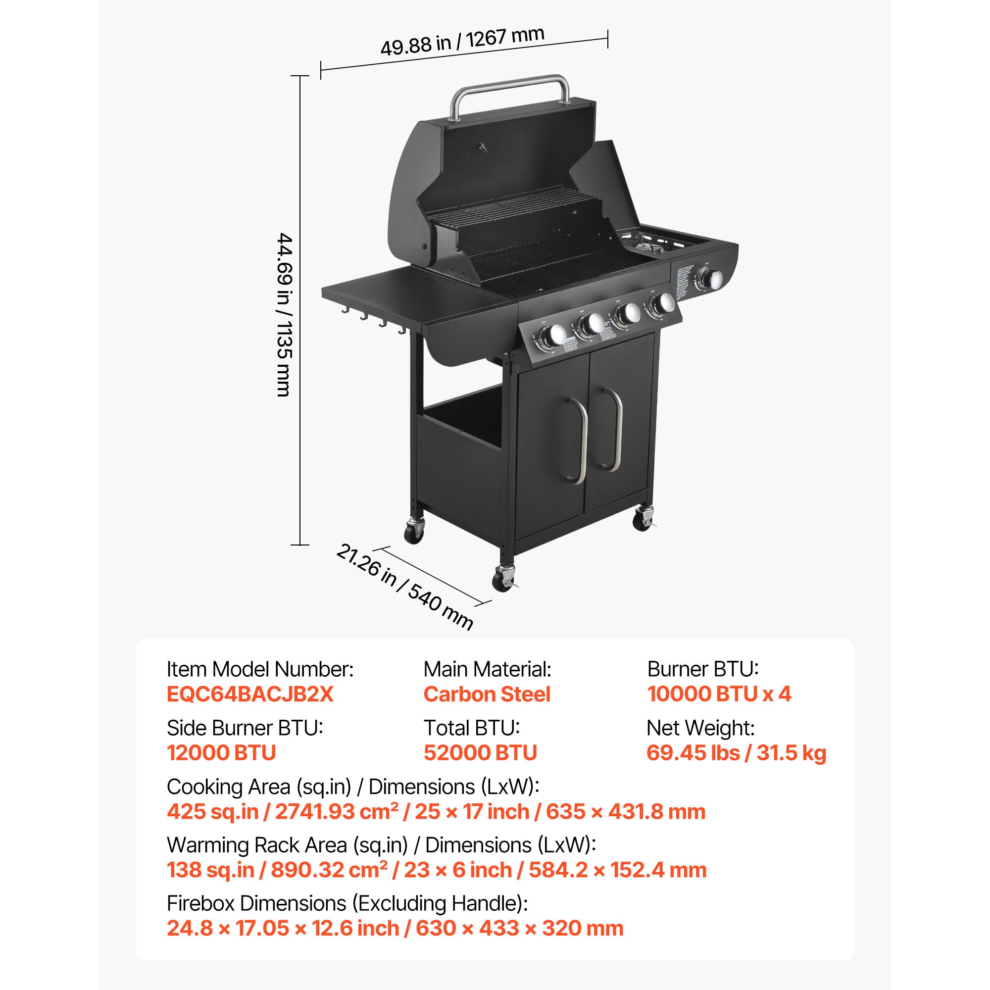 4 Burner Propane Gas Grill with Side Burner