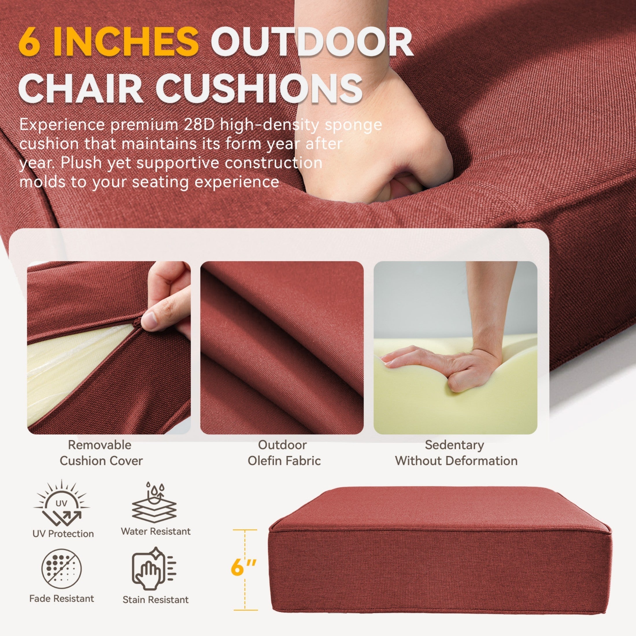 6" Thick Outdoor Chair Cushion - Waterproof & Comfortable