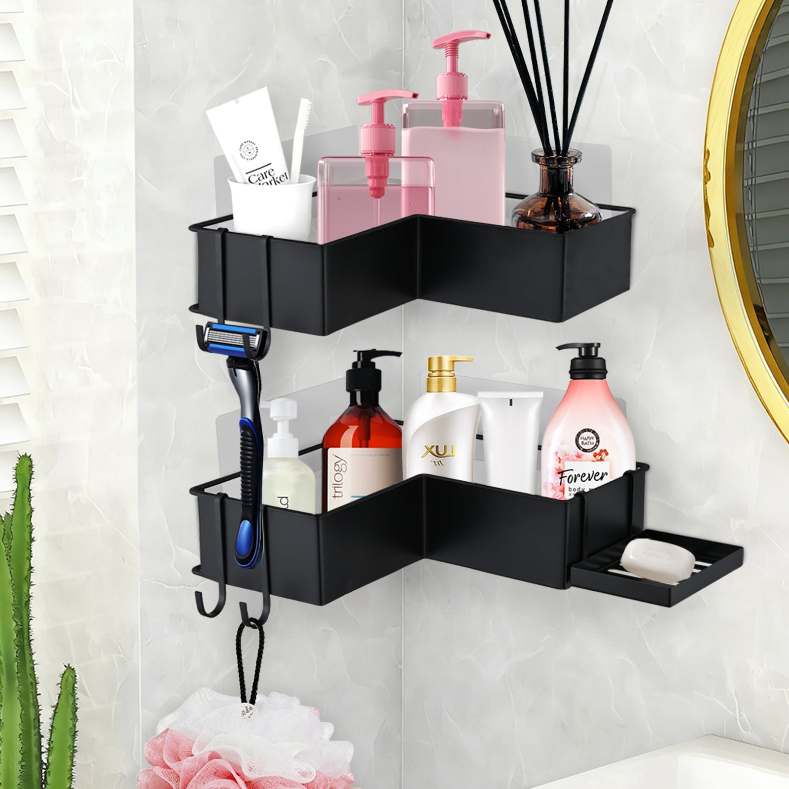 2-Pack Drill-Free Adhesive Corner Shower Caddy Organizer