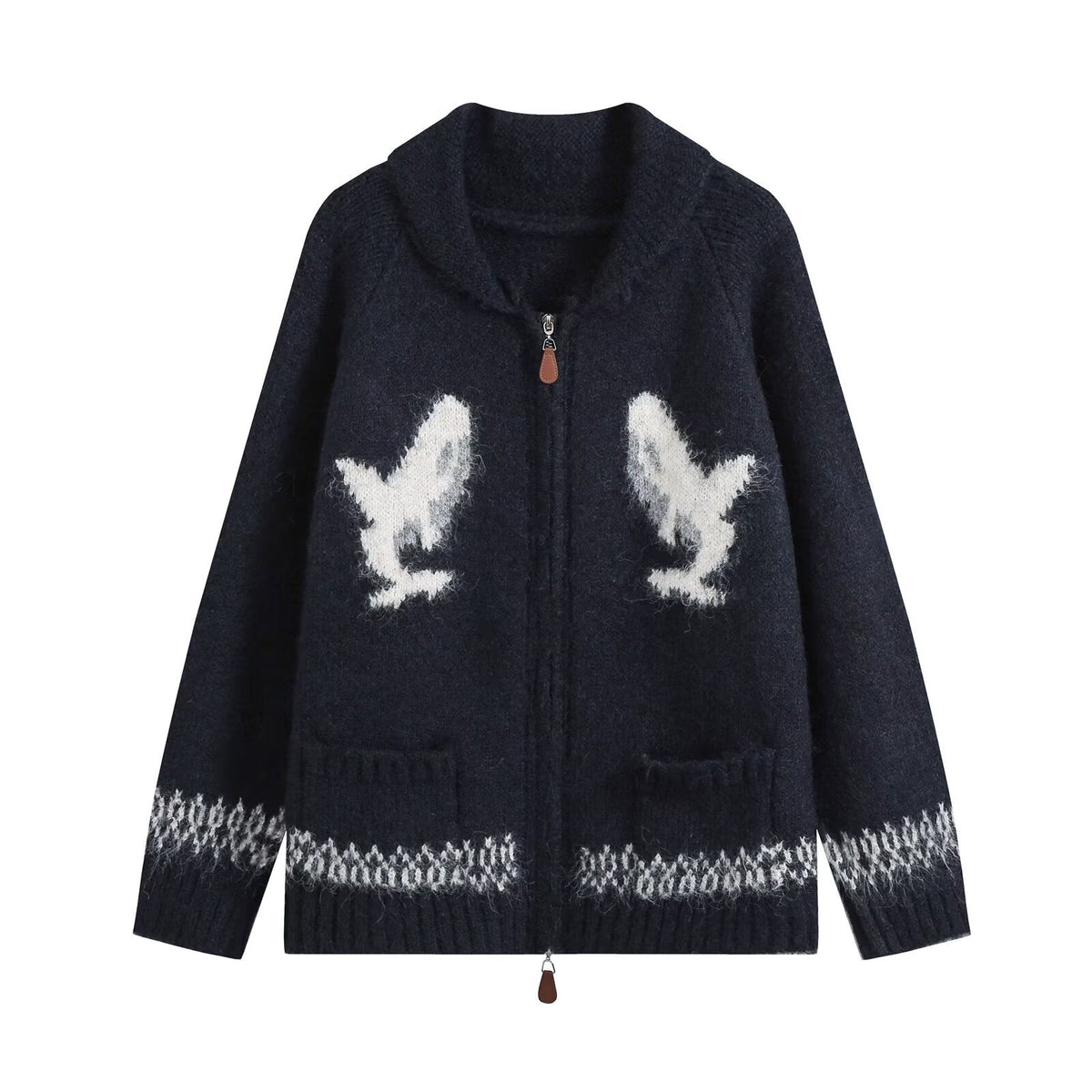 Fashionable Two-Way Zipper Shark Jacquard Embroidered Knit Cardigan