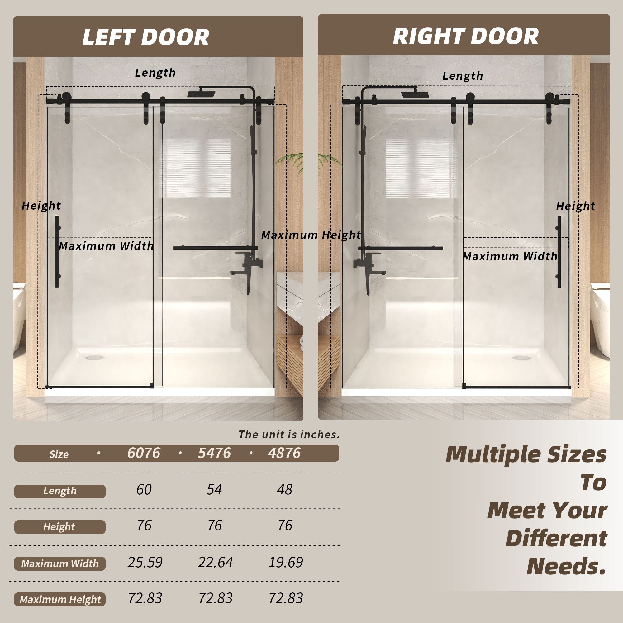 Frameless Sliding Shower Door - 44-48" x 76" H