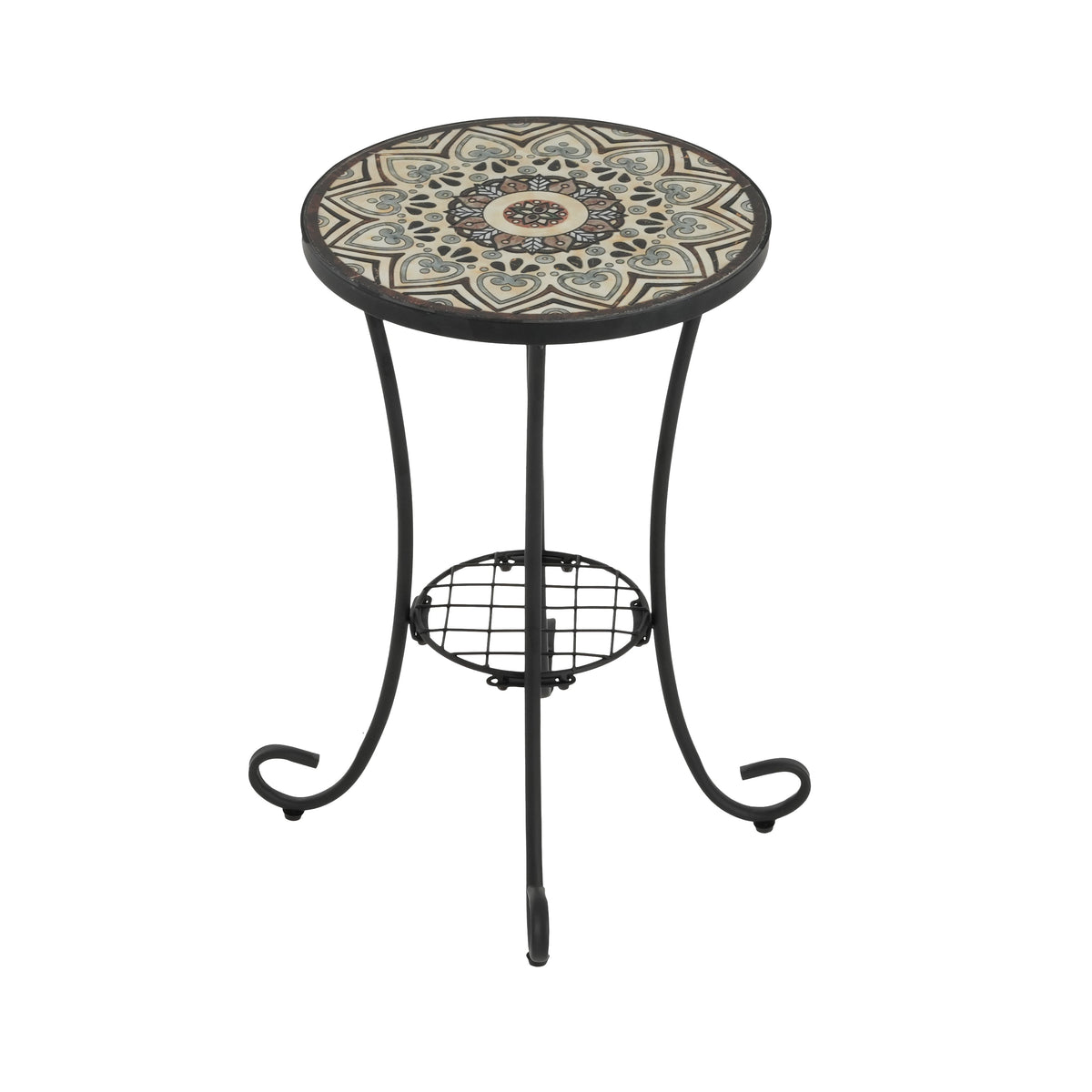 Patio Side Table with Shelf in Brown and Black