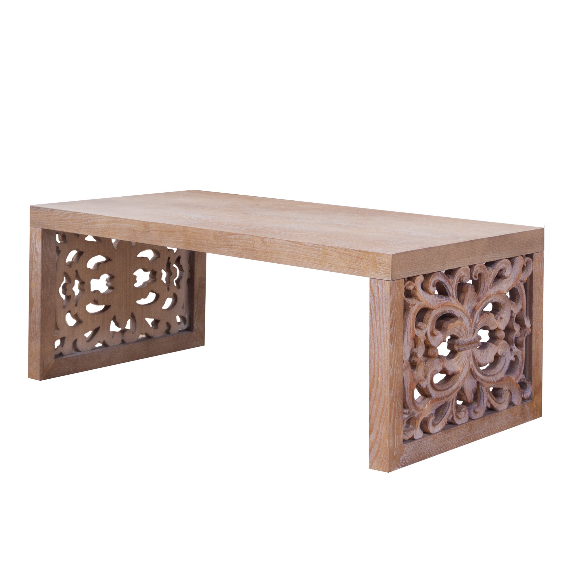47.2" Rustic Carved Wood Coffee Table