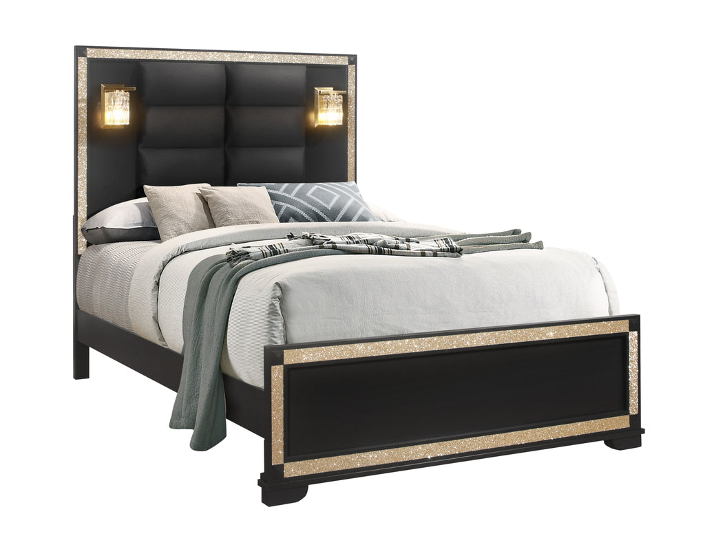 Lively Black/Gold Queen Bed with Lamps