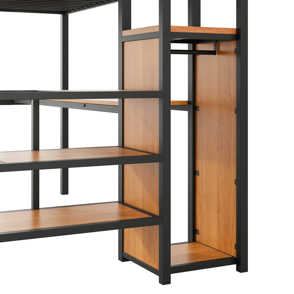 Full Size Metal Loft Bed with Desk, Storage Staircase, Small Wardrobe and LED Light