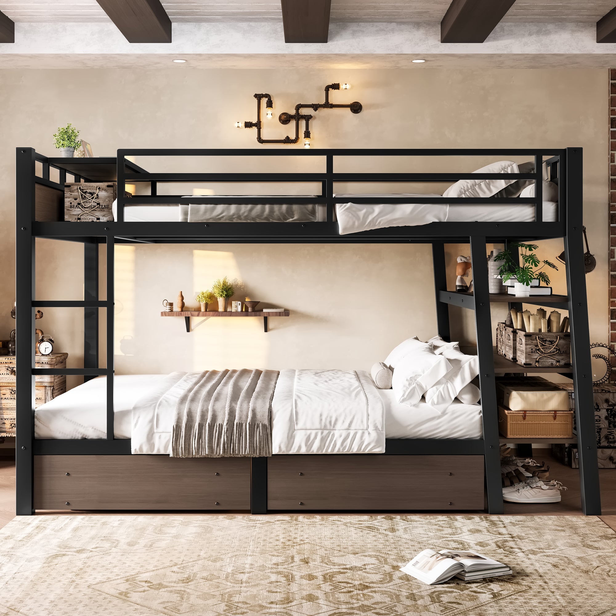 Full Size Metal Bunk Bed with Storage Shelves, LED Light Strip, and USB Power Strip