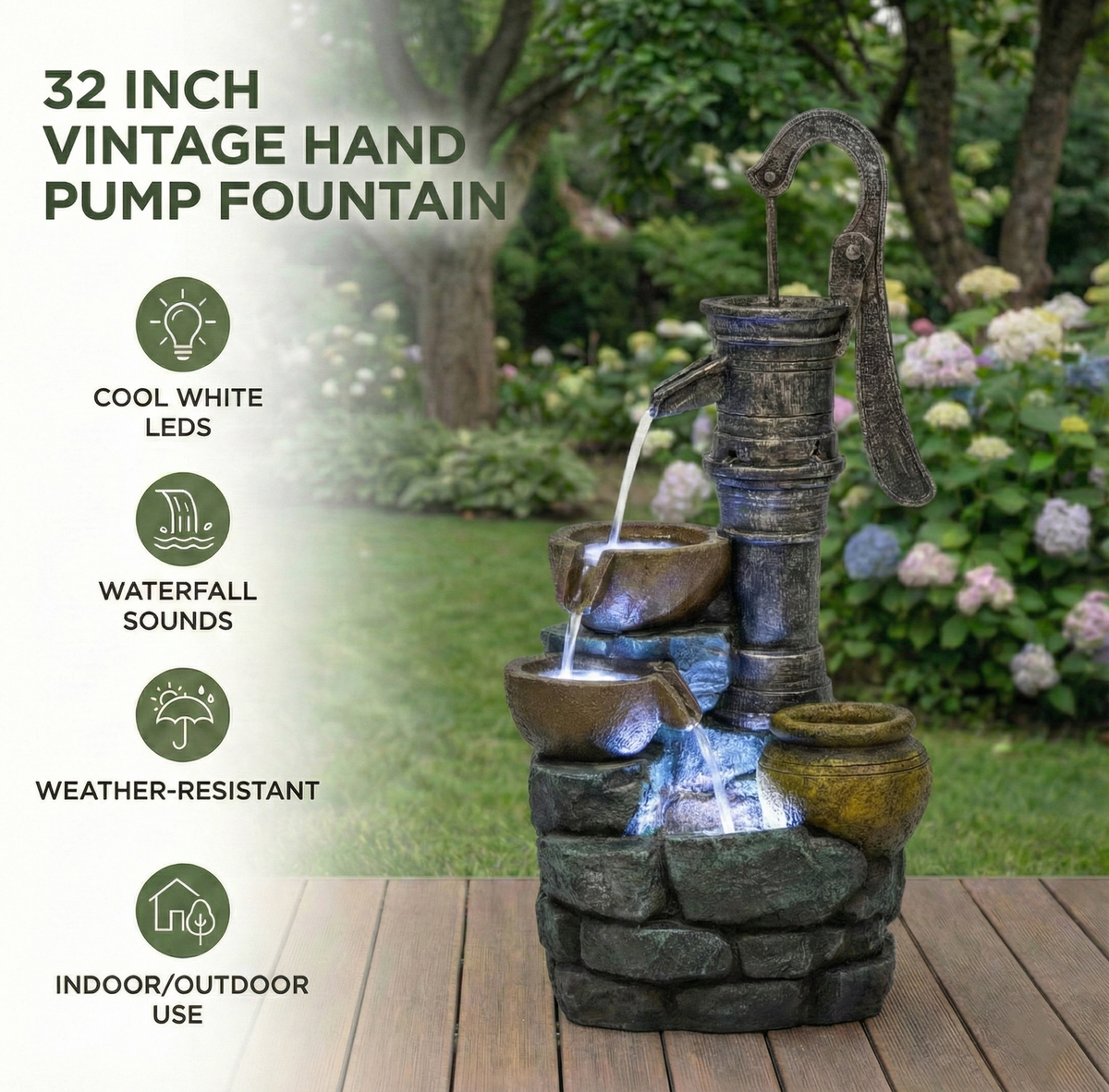 32" H Large Outdoor Water Fountain with Vintage Pump