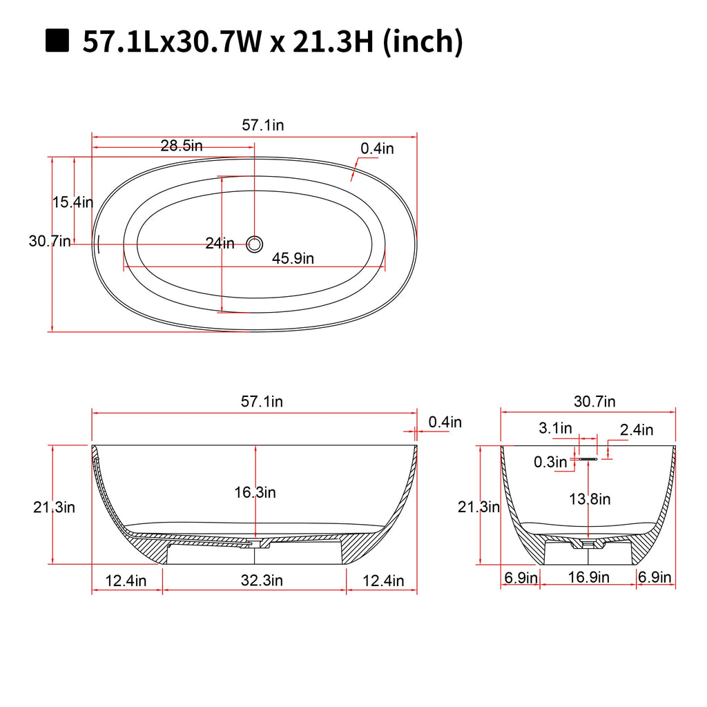 57'' Freestanding Bathtub Resin Stone Soaking Bathtub